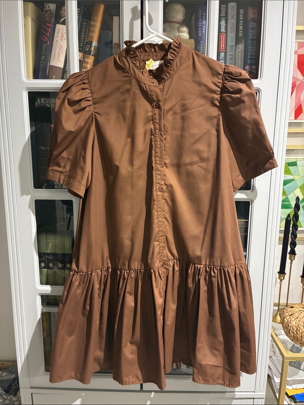 Entro - Brown Puff Sleeve Ruffle Collar Medium Dress
